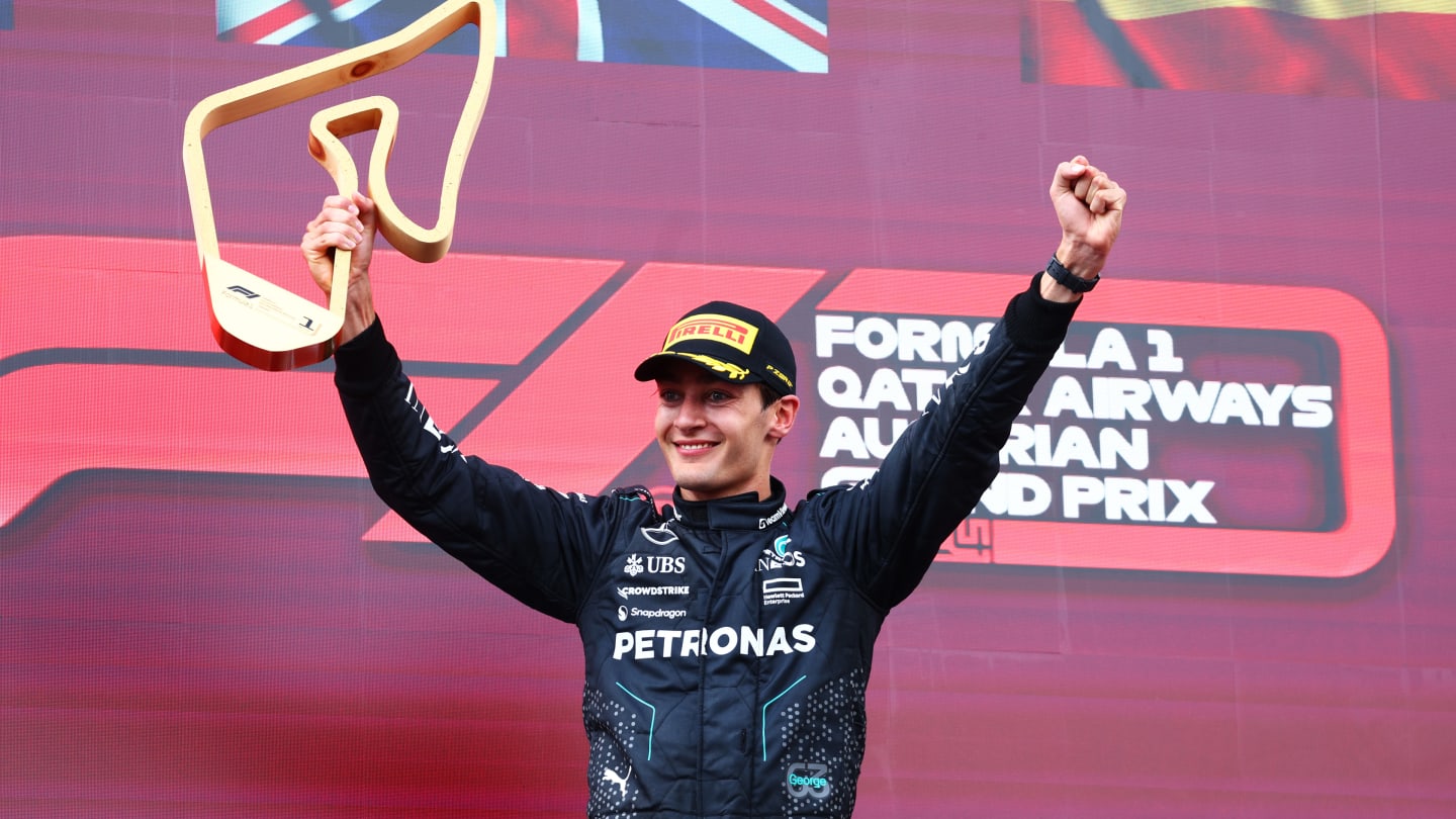 SPIELBERG, AUSTRIA - JUNE 30: Race winner George Russell of Great Britain and Mercedes celebrates