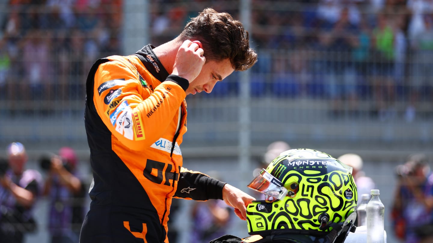 SPIELBERG, AUSTRIA - JUNE 29: Third placed Lando Norris of Great Britain and McLaren looks on in parc ferme during the Sprint ahead of the F1 Grand Prix of Austria at Red Bull Ring on June 29, 2024 in Spielberg, Austria. (Photo by Bryn Lennon - Formula 1/Formula 1 via Getty Images)