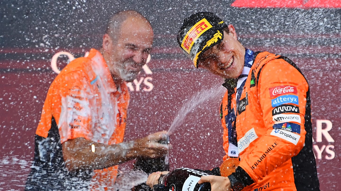 BAKU, AZERBAIJAN - SEPTEMBER 15: Race winner Oscar Piastri of Australia and McLaren and McLaren