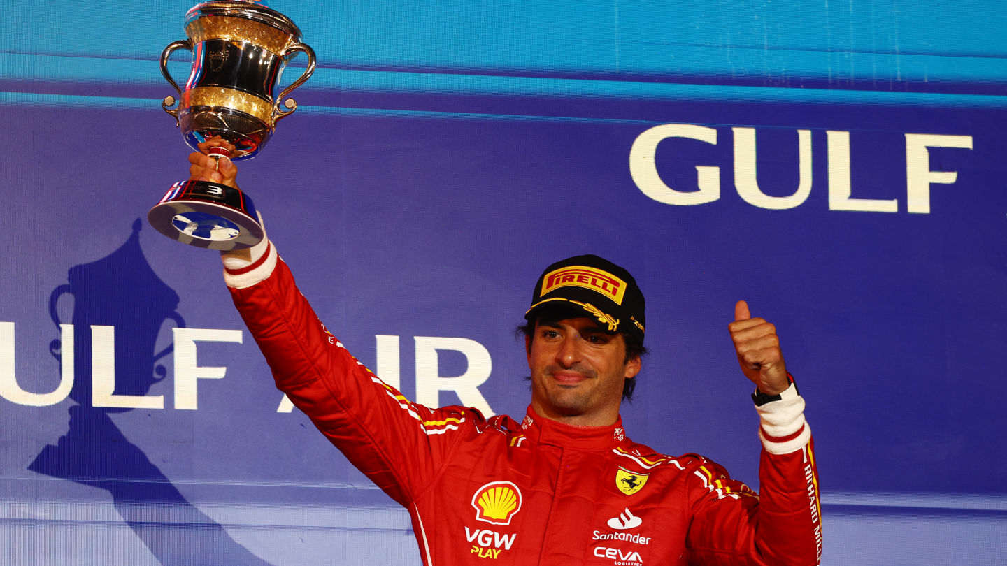 BAHRAIN, BAHRAIN - MARCH 02: Third placed Carlos Sainz of Spain and Ferrari celebrates on the