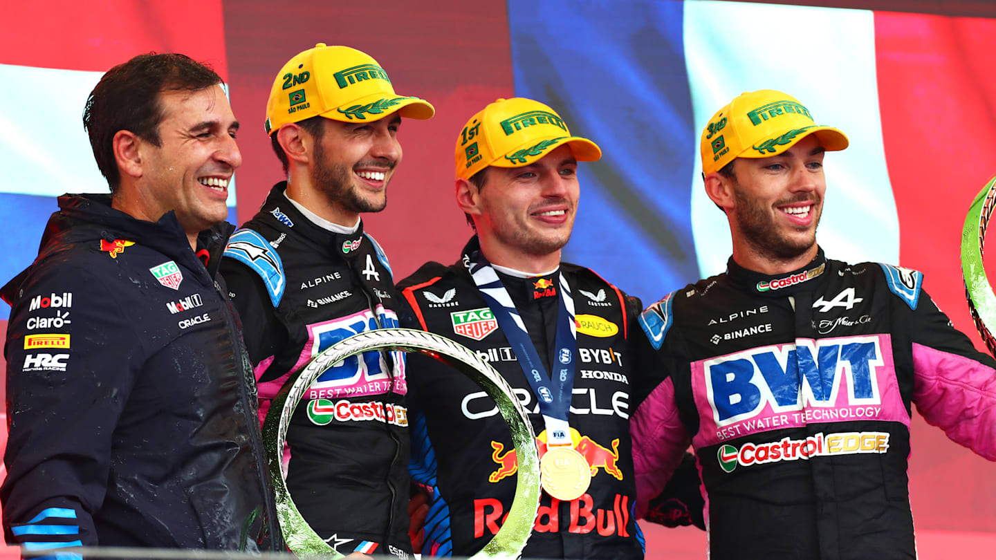 SAO PAULO, BRAZIL - NOVEMBER 03: Race winner Max Verstappen of the Netherlands and Oracle Red Bull