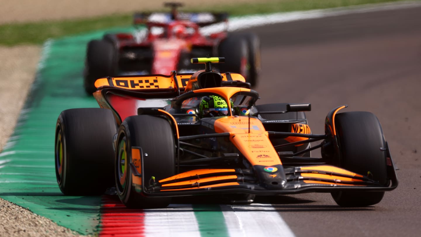 IMOLA, ITALY - MAY 19: Lando Norris of Great Britain driving the (4) McLaren MCL38 Mercedes leads