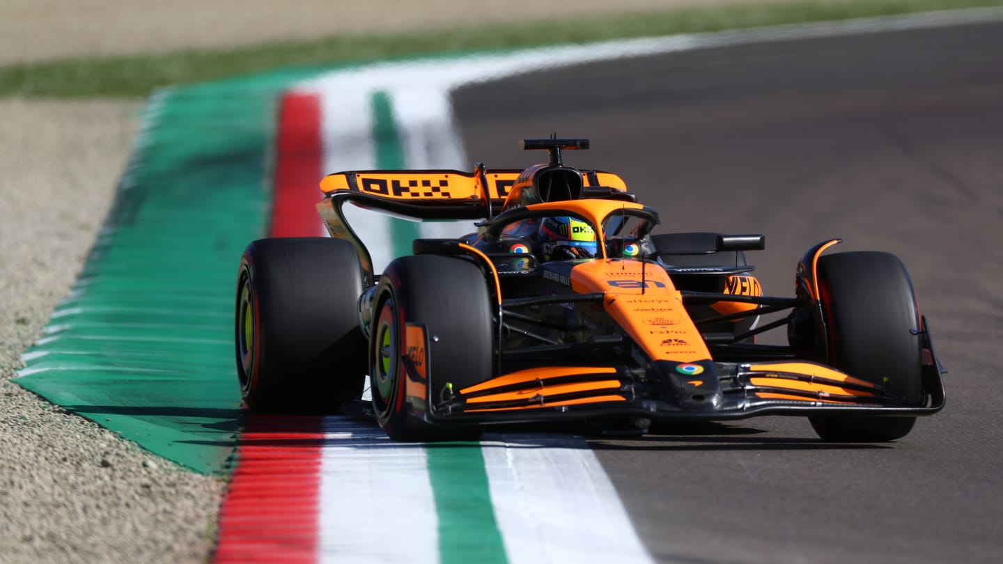 IMOLA, ITALY - MAY 18: Oscar Piastri of Australia driving the (81) McLaren MCL38 Mercedes on track