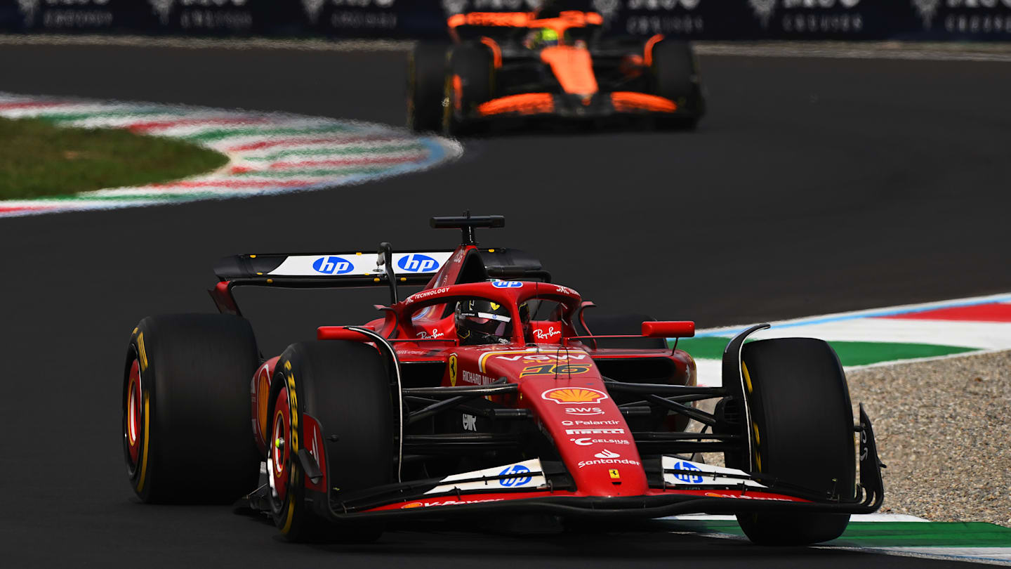 MONZA, ITALY - SEPTEMBER 01: Charles Leclerc of Monaco driving the (16) Ferrari SF-24 leads Lando