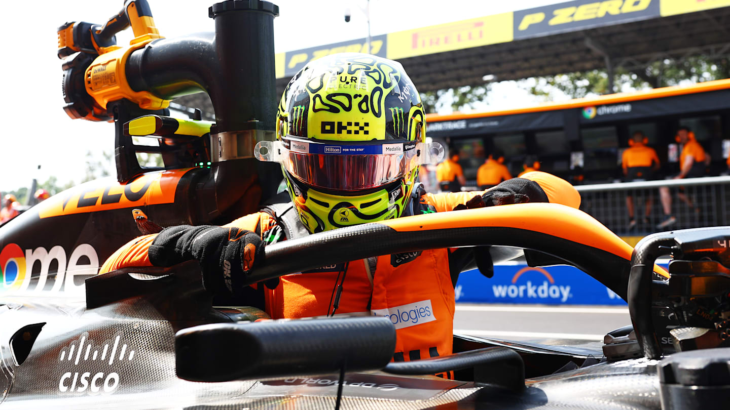 MONZA, ITALY - AUGUST 31: Lando Norris of Great Britain and McLaren exits the car in the Pitlane