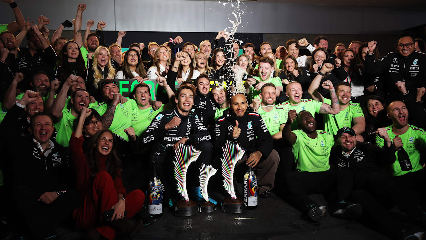 LAS VEGAS, NEVADA - NOVEMBER 23: Race winner George Russell of Great Britain and Mercedes and