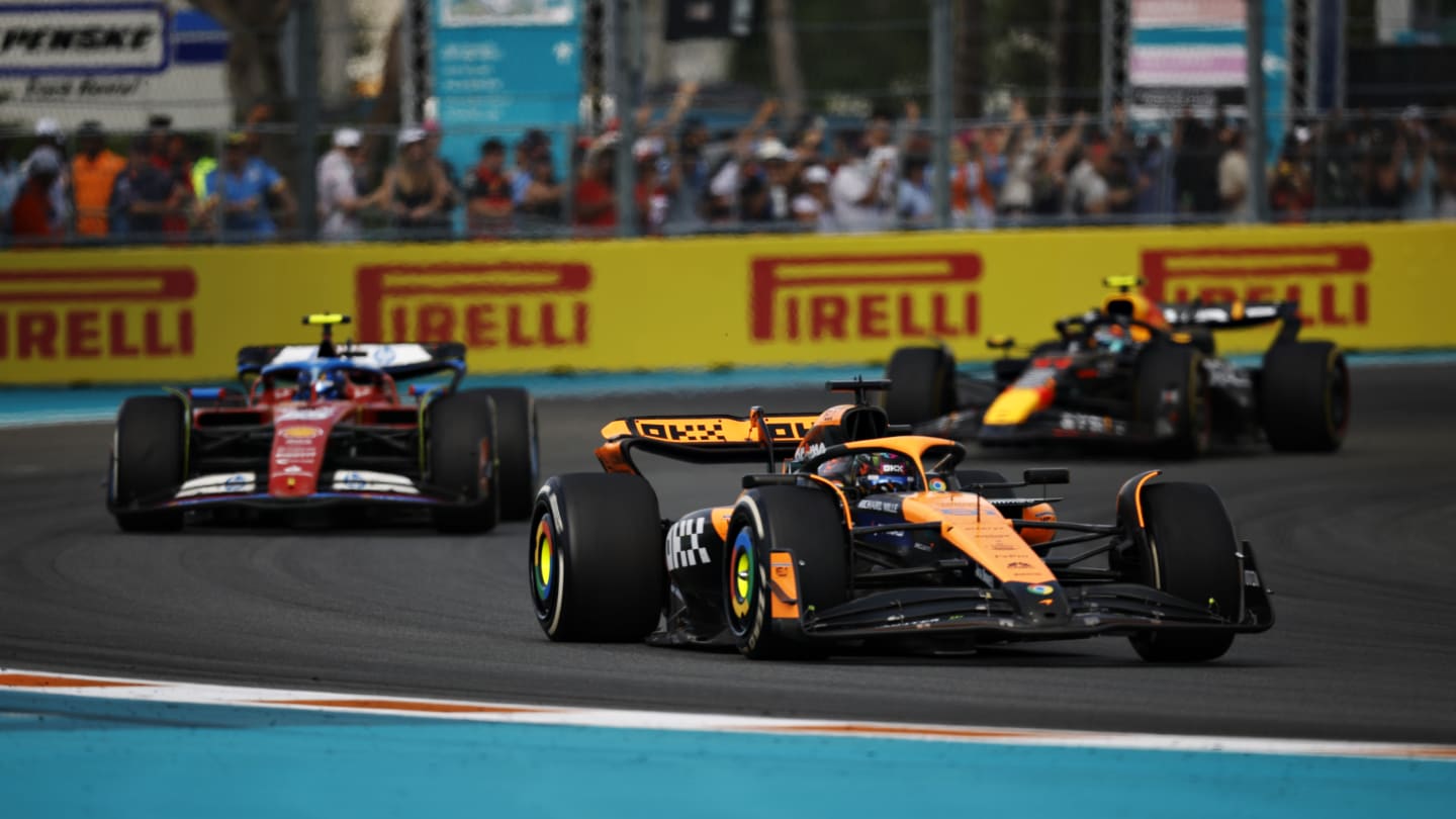 MIAMI, FLORIDA - MAY 05: Oscar Piastri of Australia driving the (81) McLaren MCL38 Mercedes leads