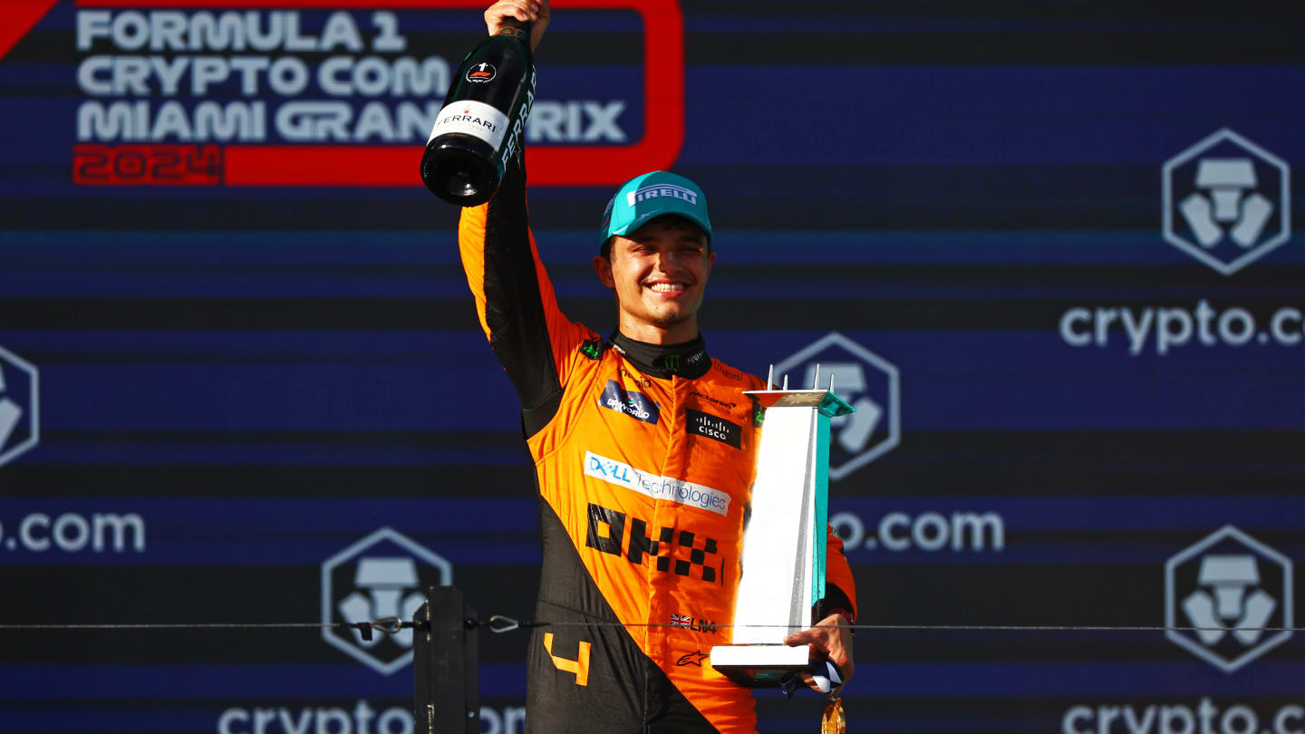 MIAMI, FLORIDA - MAY 05: Race winner Lando Norris of Great Britain and McLaren celebrates in parc