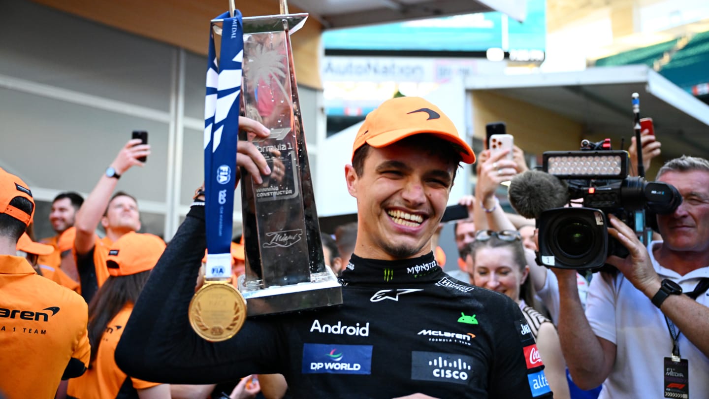 MIAMI, FLORIDA - MAY 05: Race winner Lando Norris of Great Britain and McLaren celebrates with his
