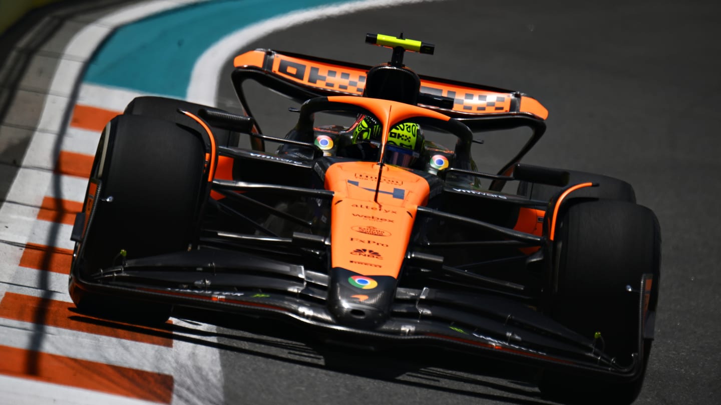 MIAMI, FLORIDA - MAY 03: Lando Norris of Great Britain driving the (4) McLaren MCL38 Mercedes on