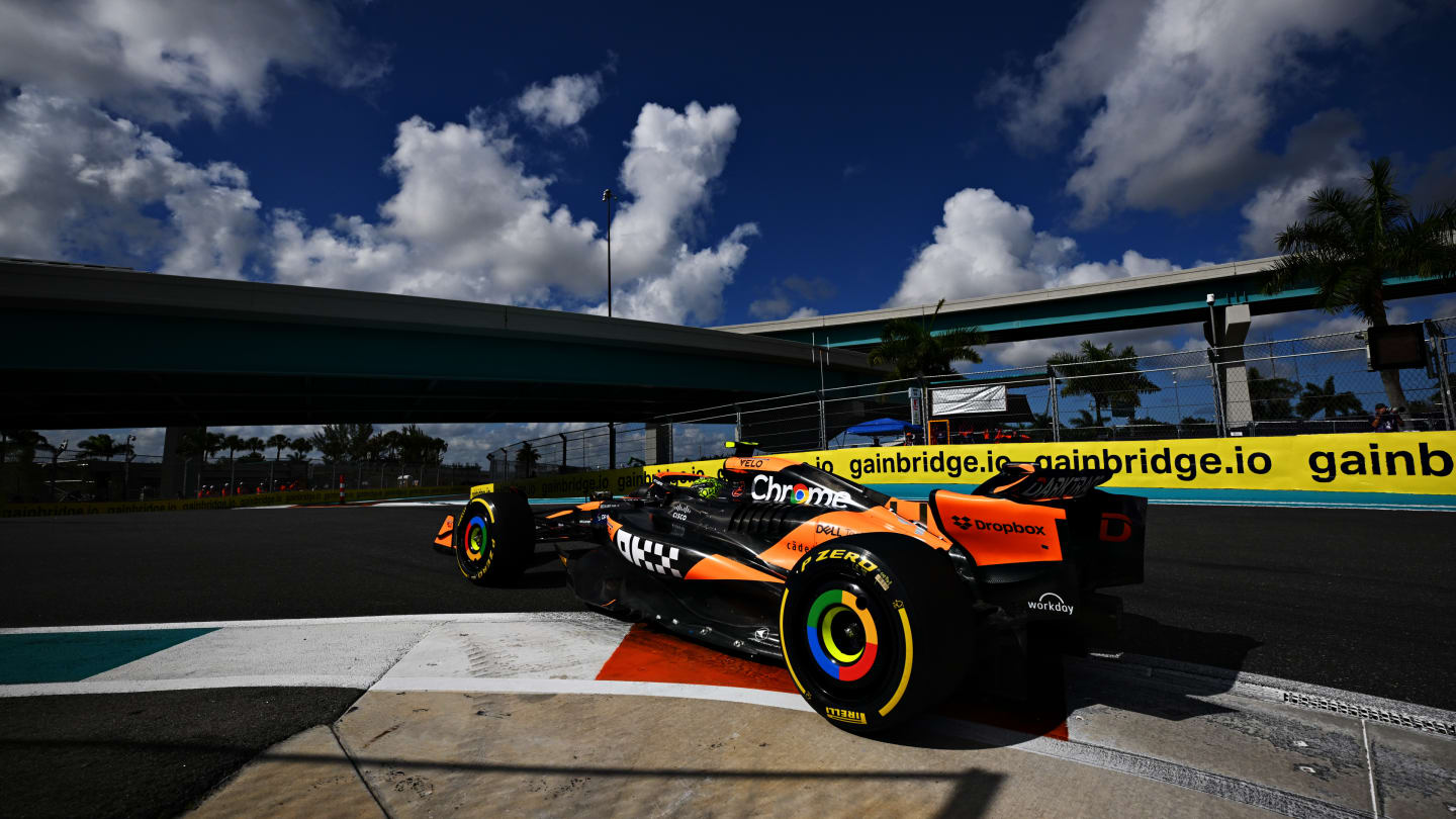 MIAMI, FLORIDA - MAY 03: Lando Norris of Great Britain driving the (4) McLaren MCL38 Mercedes on