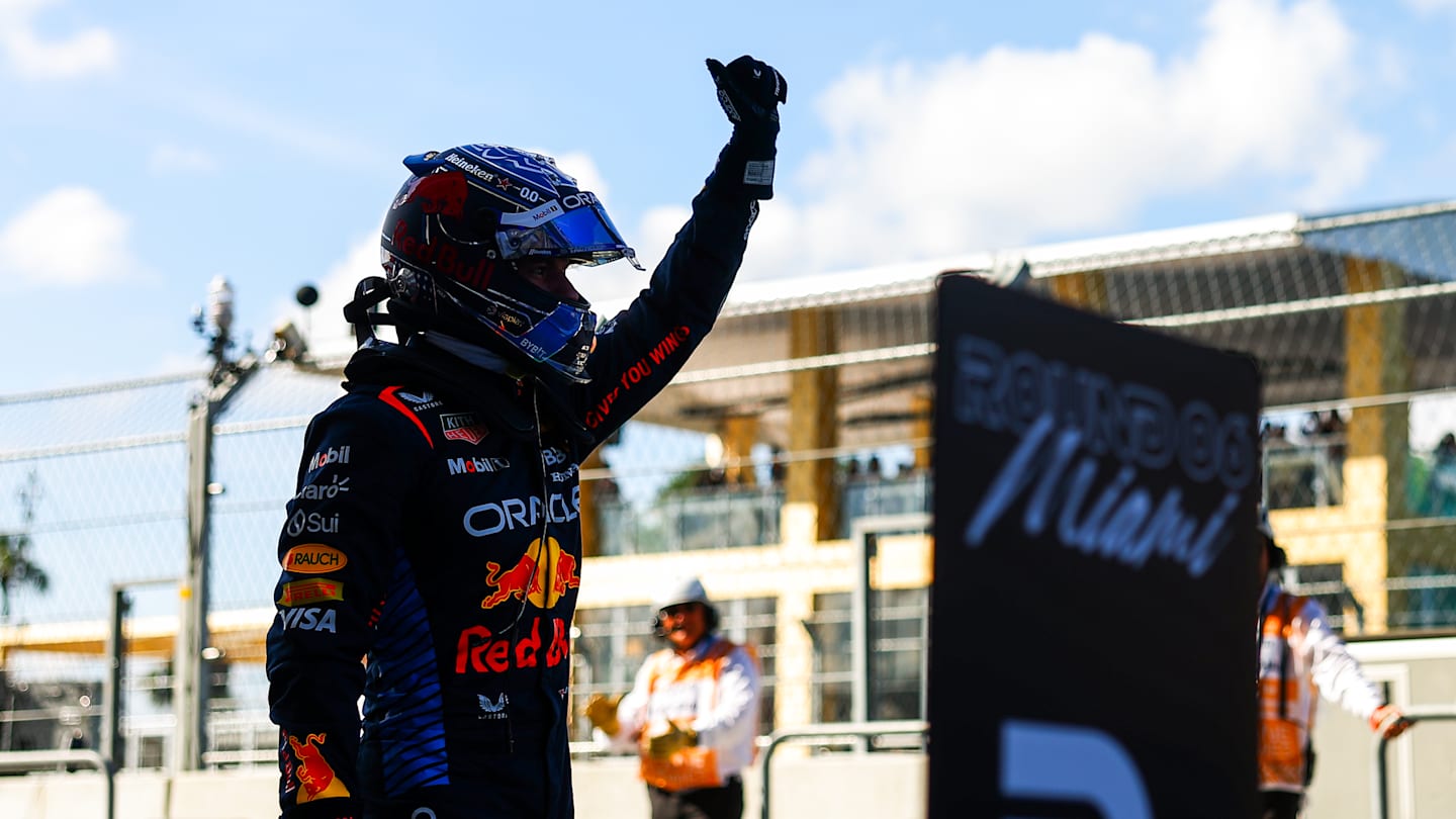 MIAMI, FLORIDA - MAY 04: Pole position qualifier Max Verstappen of the Netherlands and Oracle Red