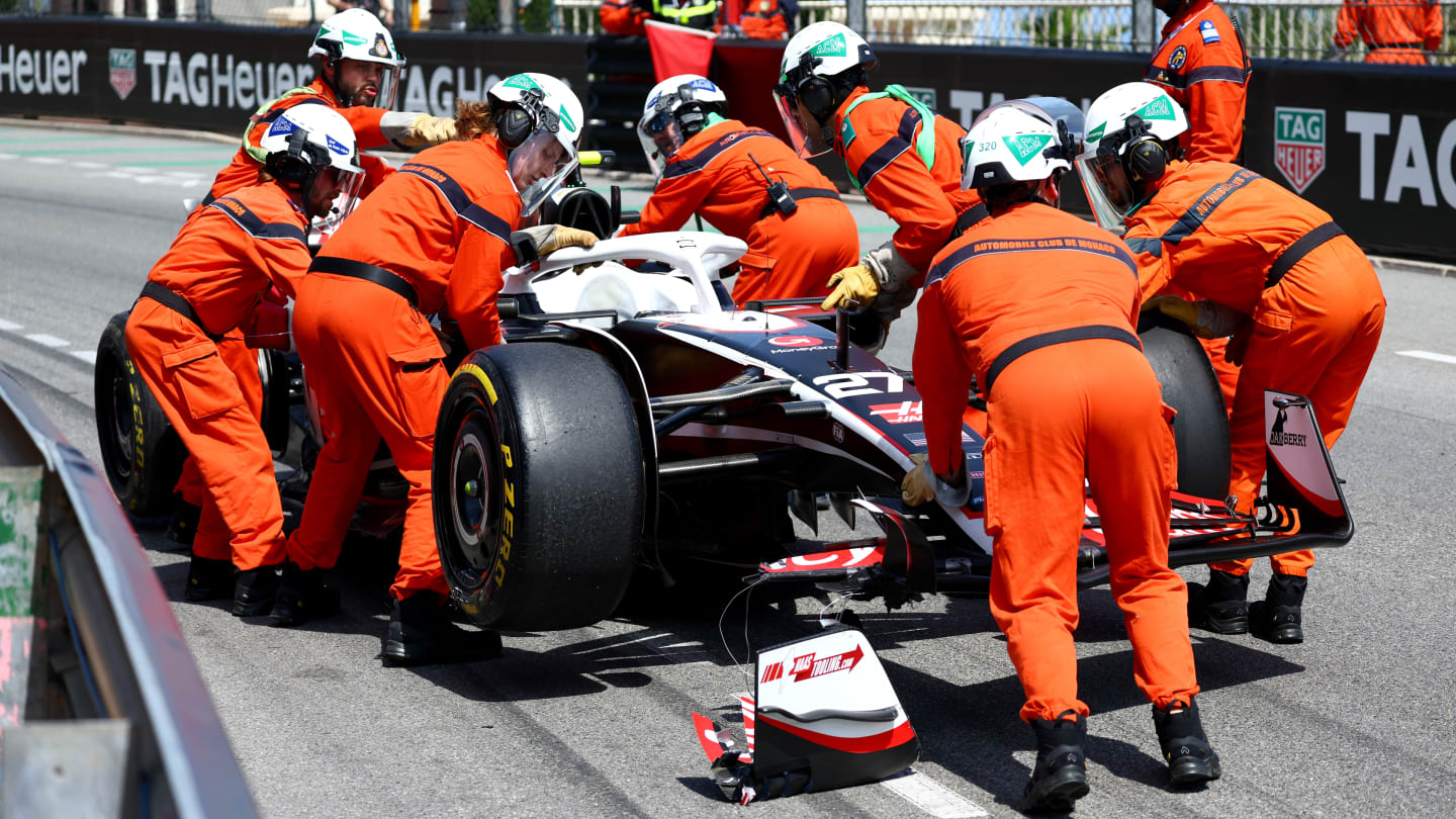 MONTE-CARLO, MONACO - MAY 26: The car of Nico Hulkenberg of Germany and Haas F1 is recovered from the track after a crash during the F1 Grand Prix of Monaco at Circuit de Monaco on May 26, 2024 in Monte-Carlo, Monaco. (Photo by Clive Rose/Getty Images)