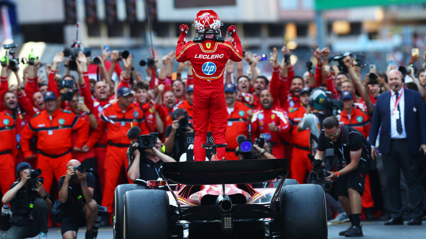 MONTE-CARLO, MONACO - MAY 26: Race winner Charles Leclerc of Monaco and Ferrari celebrates in parc