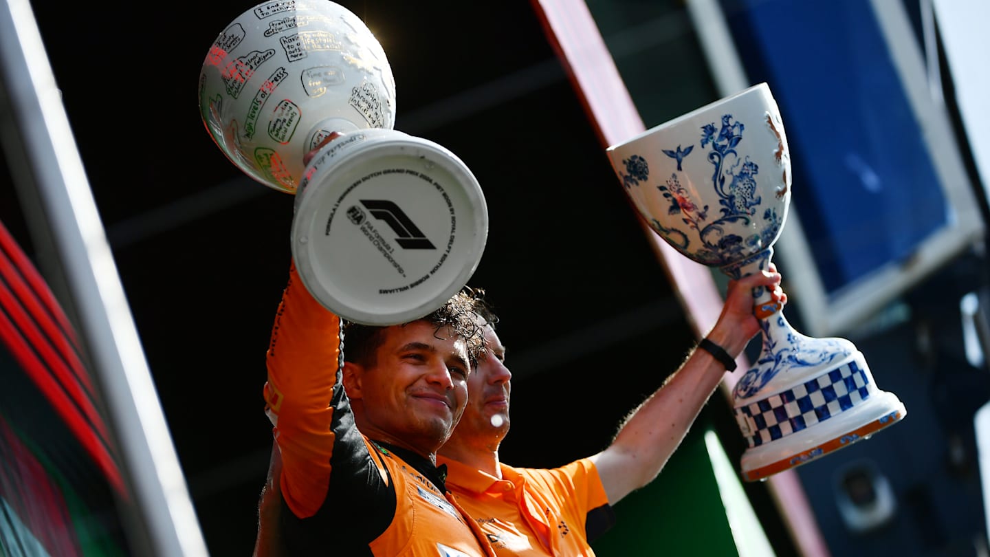 ZANDVOORT, NETHERLANDS - AUGUST 25: Race winner Lando Norris of Great Britain and McLaren