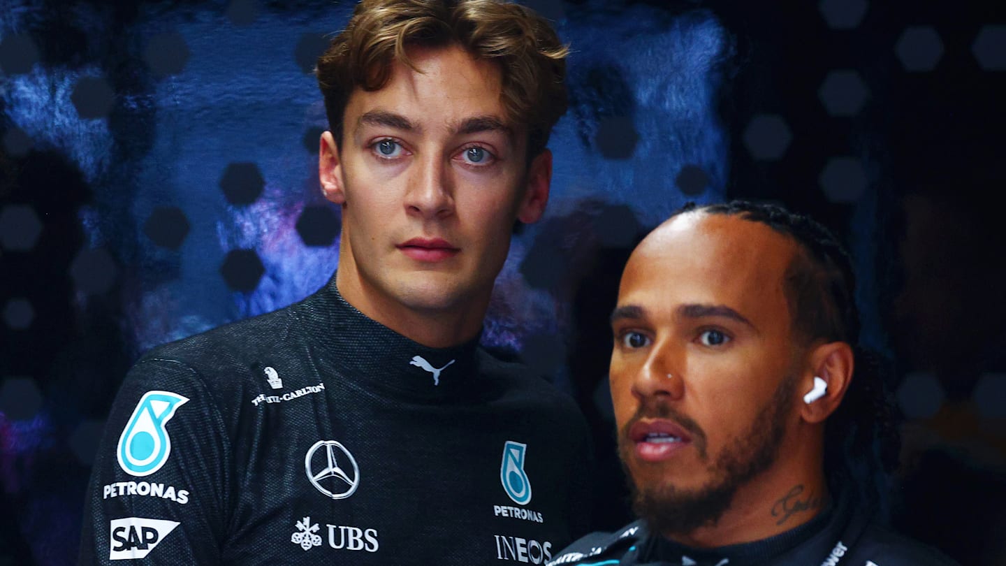 ZANDVOORT, NETHERLANDS - AUGUST 24: Lewis Hamilton of Great Britain and Mercedes and George Russell