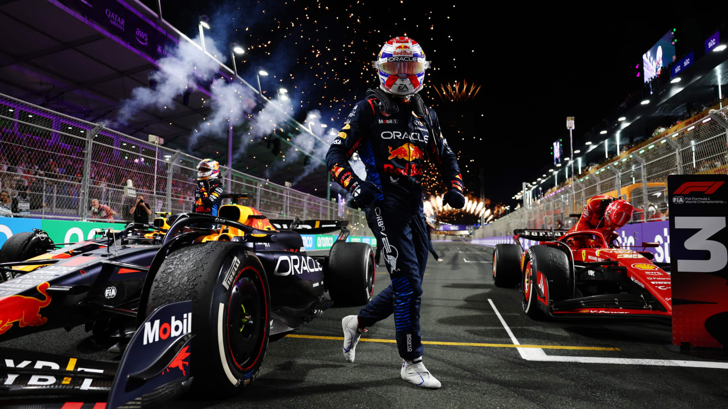 JEDDAH, SAUDI ARABIA - MARCH 09: Race winner Max Verstappen of the Netherlands and Oracle Red Bull