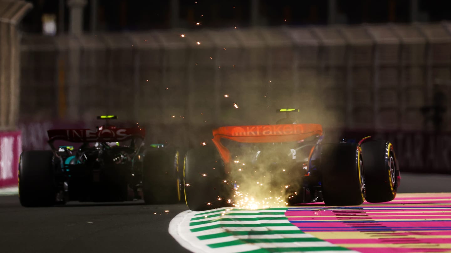 JEDDAH, SAUDI ARABIA - MARCH 07: Sparks fly from the car of Lando Norris of Great Britain driving