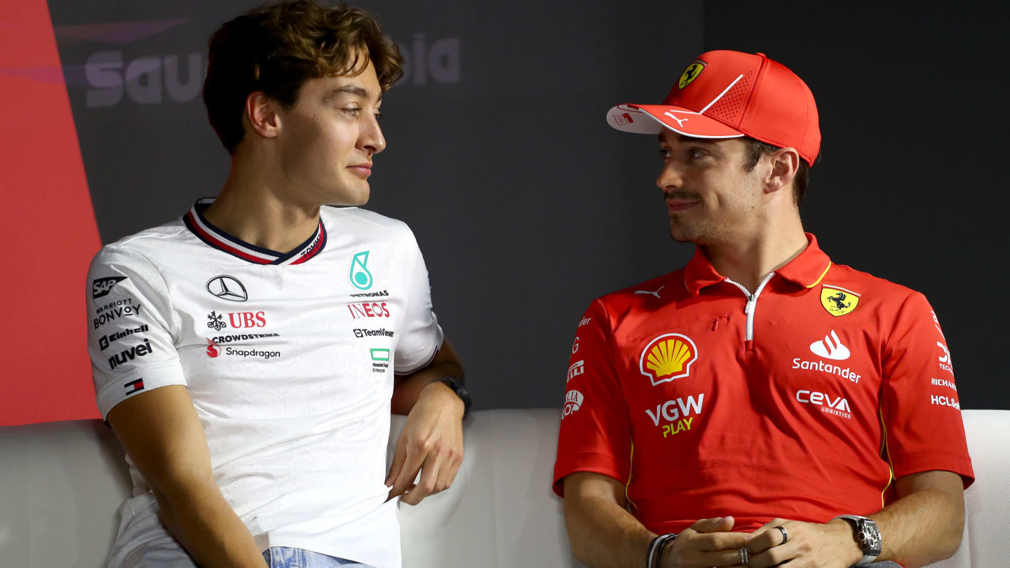 JEDDAH, SAUDI ARABIA - MARCH 06: George Russell of Great Britain and Mercedes and Charles Leclerc