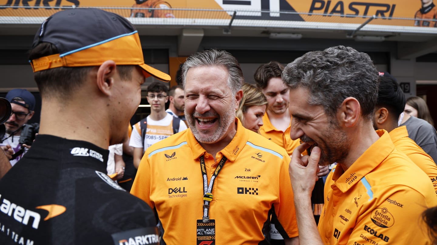 BARCELONA, SPAIN - JUNE 23: McLaren Chief Executive Officer Zak Brown talks with Second placed