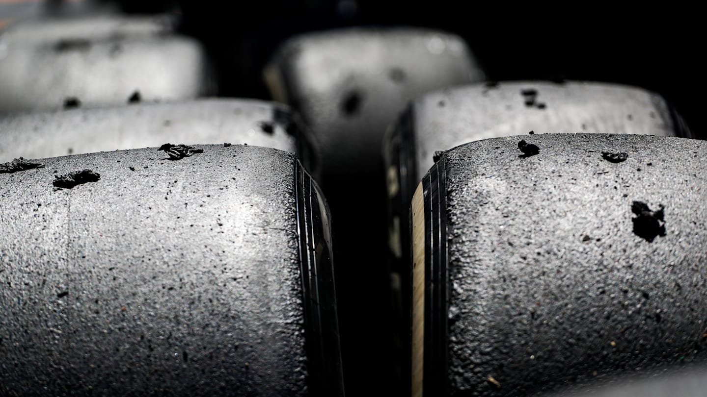 BARCELONA, SPAIN - JUNE 21: Pirelli tyres being checked by technicians during practice ahead of the