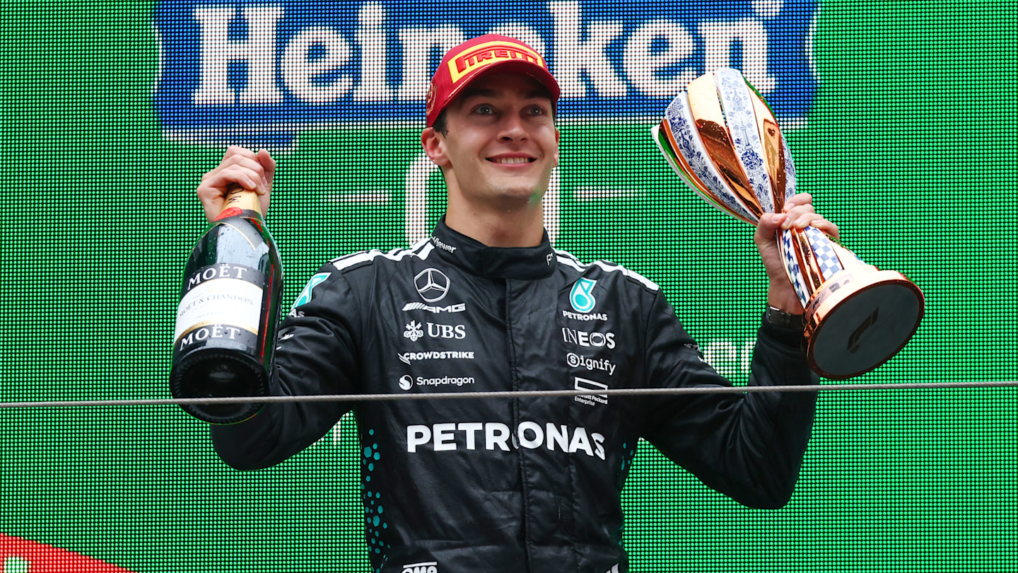 SHANGHAI, CHINA - MARCH 23: Third placed George Russell of Great Britain and Mercedes AMG Petronas