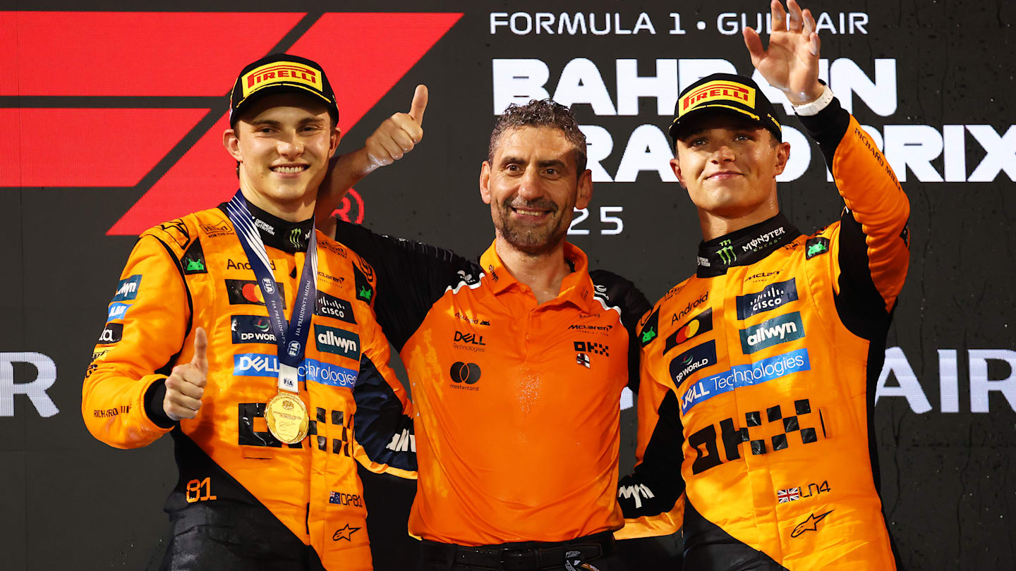 BAHRAIN, BAHRAIN - APRIL 13: Race winner Oscar Piastri of Australia and McLaren Andrea Stella, Team