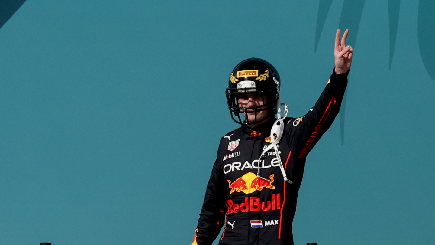 MIAMI GARDENS, FLORIDA - MAY 08: Belgian-Dutch driver Max Verstappen of Red Bull Racing celebrates