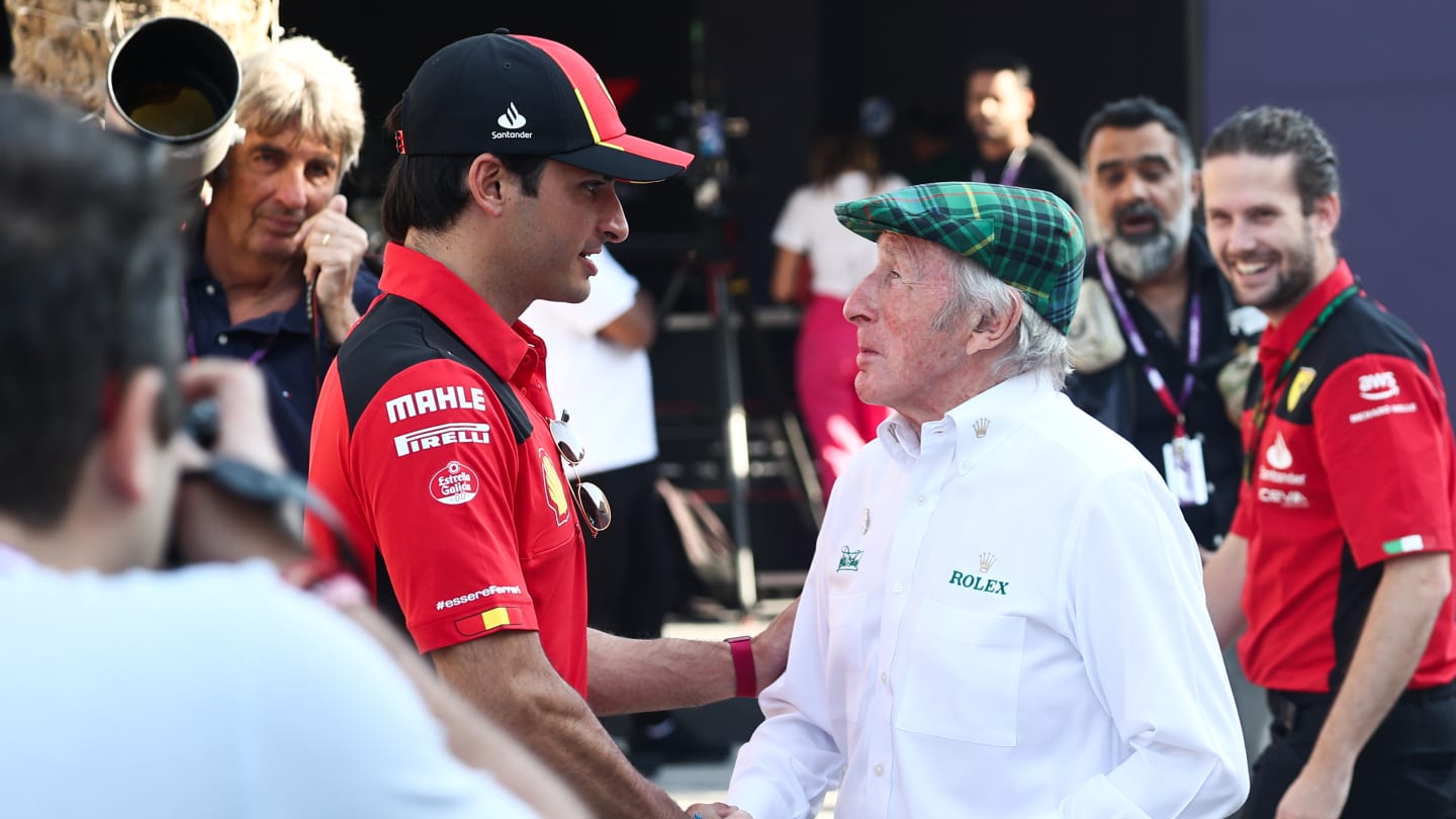 Carlos Sainz of Ferrari and Jackie Stewart ahead of the Formula 1 Bahrain Grand Prix at Bahrain