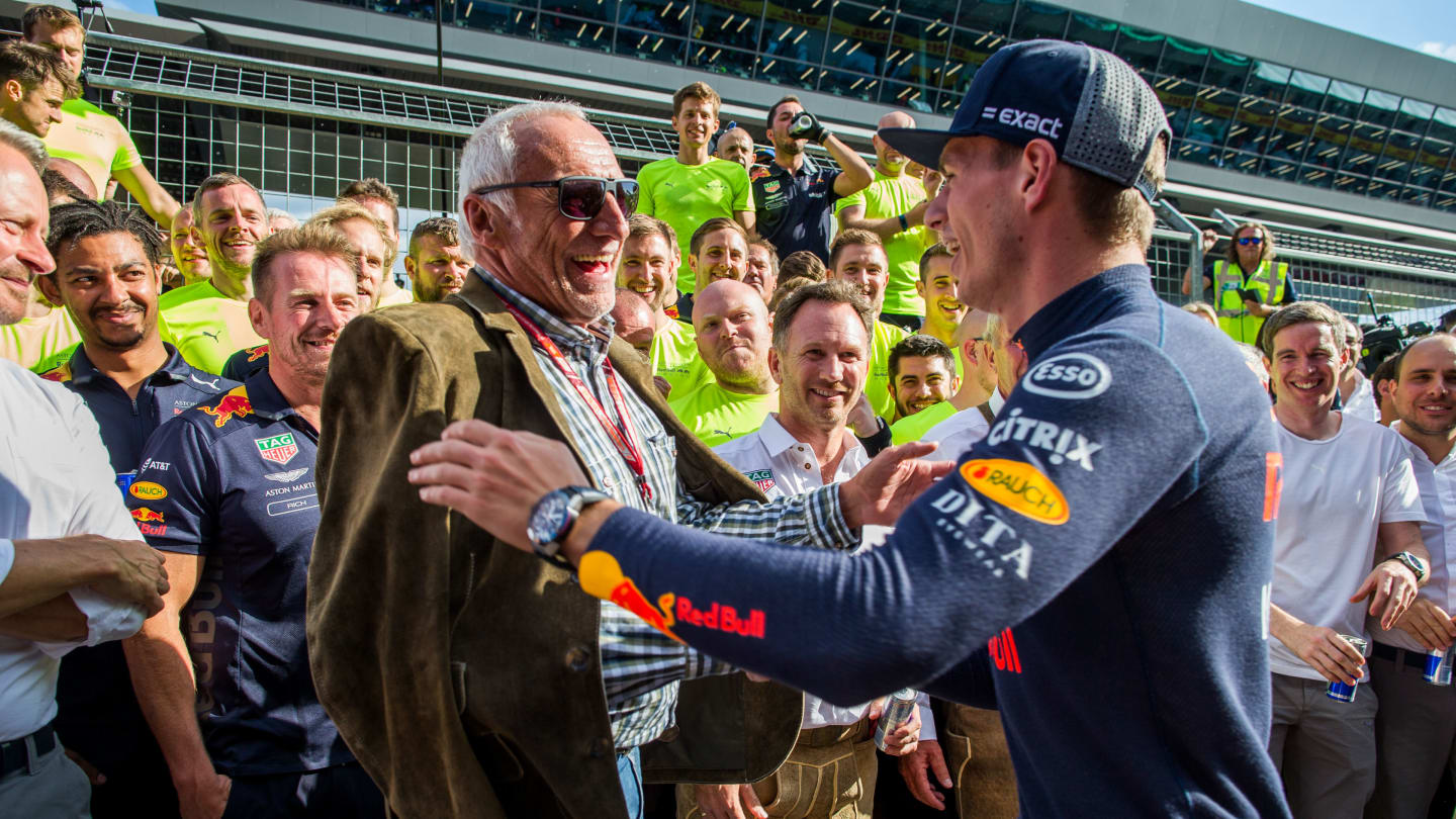 SPIELBERG, AUSTRIA - JULY 01:  Max Verstappen of Red Bull Racing and The Netherlands with Dietrich