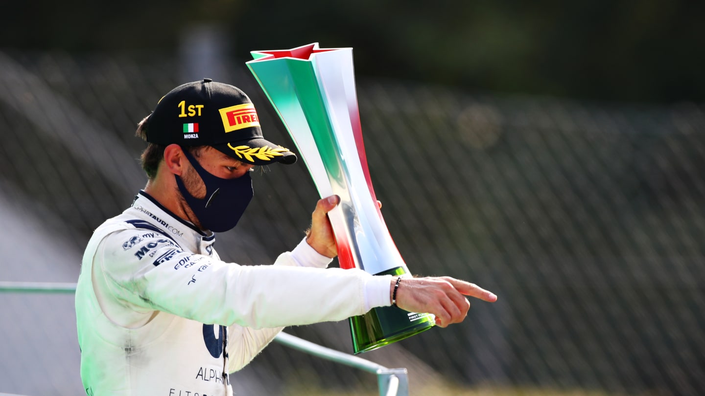 MONZA, ITALY - SEPTEMBER 06: Race winner Pierre Gasly of France and Scuderia AlphaTauri celebrates