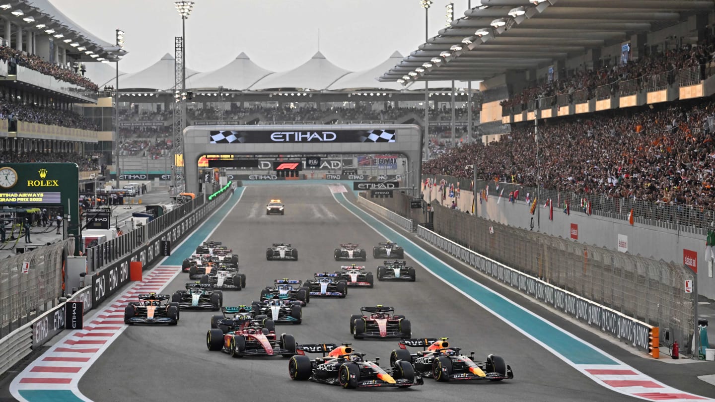 Drivers compete at the start of the Abu Dhabi Formula One Grand Prix at the Yas Marina Circuit in