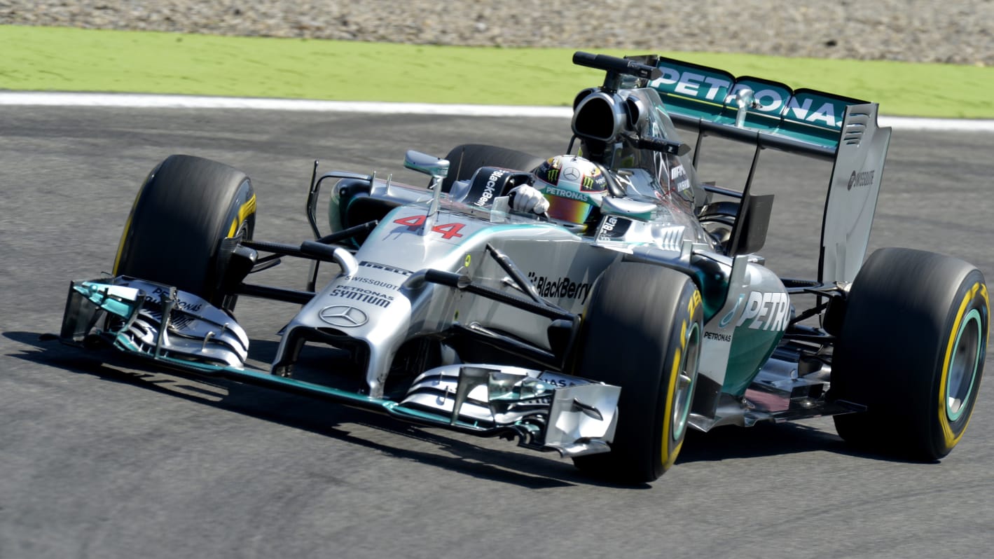 Mercedes-AMG's British driver Lewis Hamilton drives during the third practice session ahead of the
