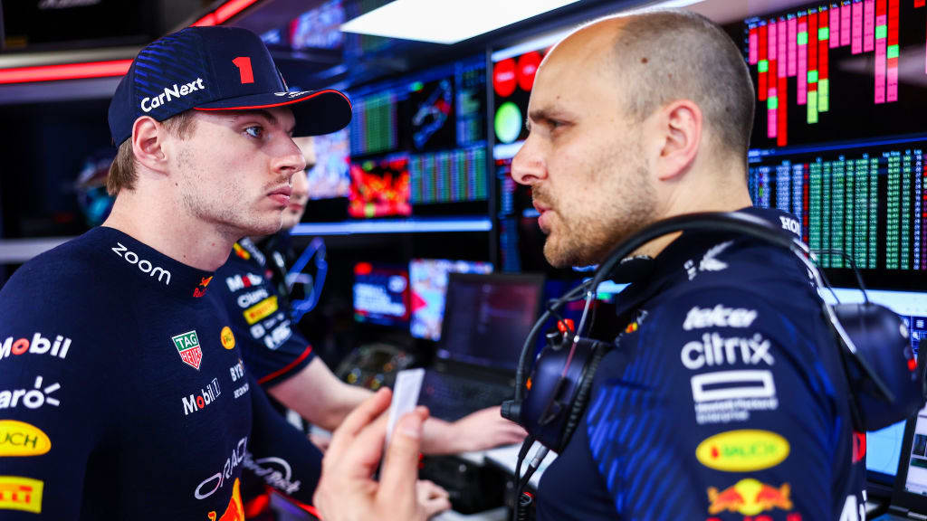 MIAMI, FLORIDA - MAY 06: Max Verstappen of the Netherlands and Oracle Red Bull Racing talks with