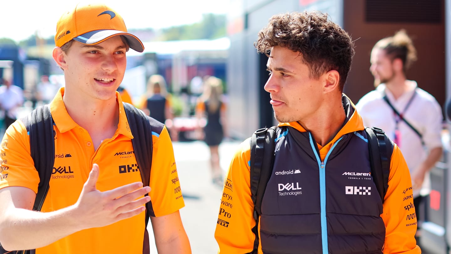 BUDAPEST, HUNGARY - JULY 23: Oscar Piastri of Australia and McLaren and Lando Norris of Great