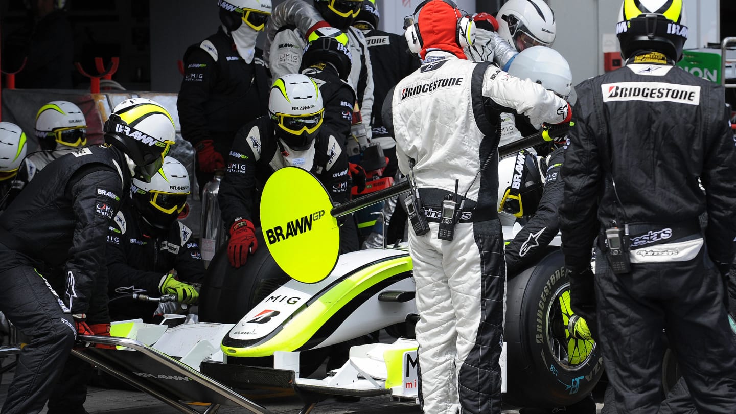 Brawn GP's Brazilian driver Rubens Barrichello refuels in the pits of the Nurburgring racetrack on