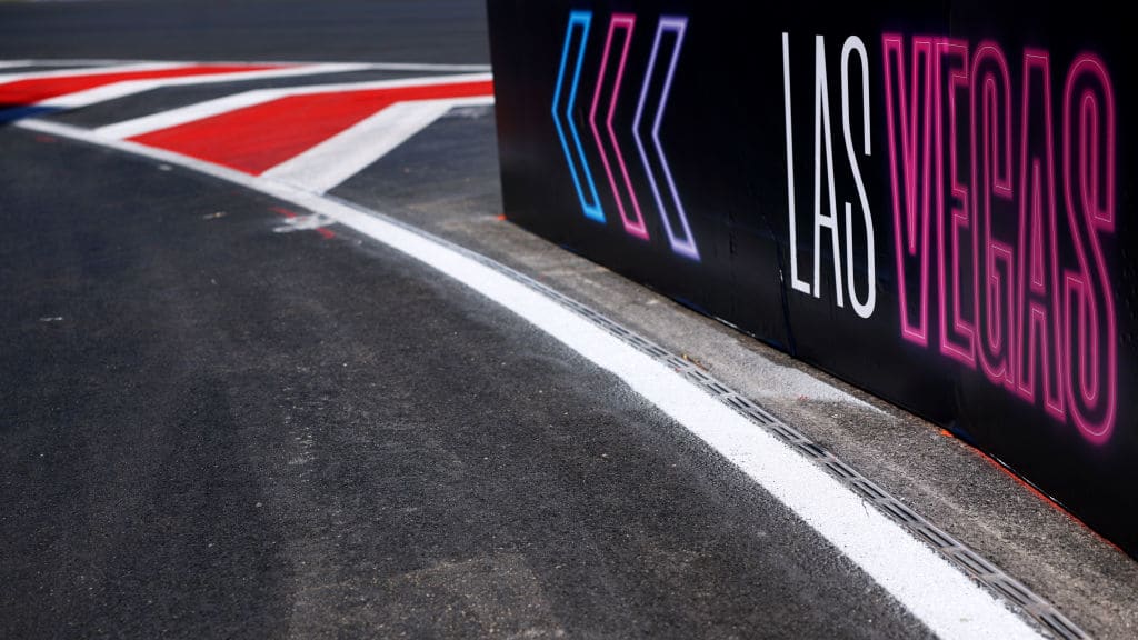 LAS VEGAS, NEVADA - NOVEMBER 09: A detail view of the track branding prior to the F1 Grand Prix of