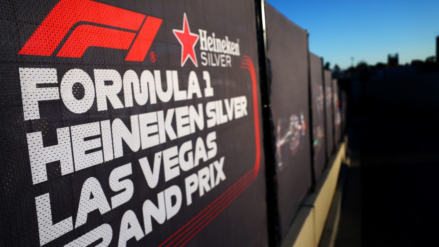 LAS VEGAS, NEVADA - NOVEMBER 09: A general view of track branding prior to the F1 Grand Prix of Las