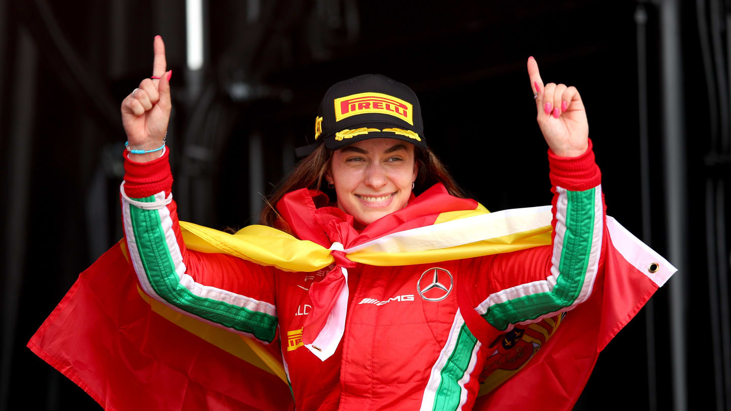 VALENCIA, SPAIN - MAY 07: First placed Marta Garcia of Spain and PREMA Racing (15) celebrates on