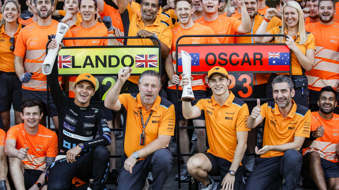 Lando Norris, Zak Brown, CEO of Mclaren Formula 1 Team, Oscar Piastri and Andrea Stella, Team