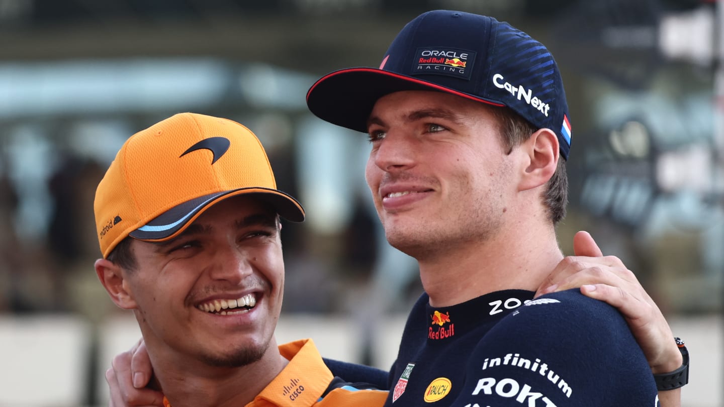 Lando Norris of McLaren and Max Verstappen of Red Bull Racing at drivers parade ahead of the