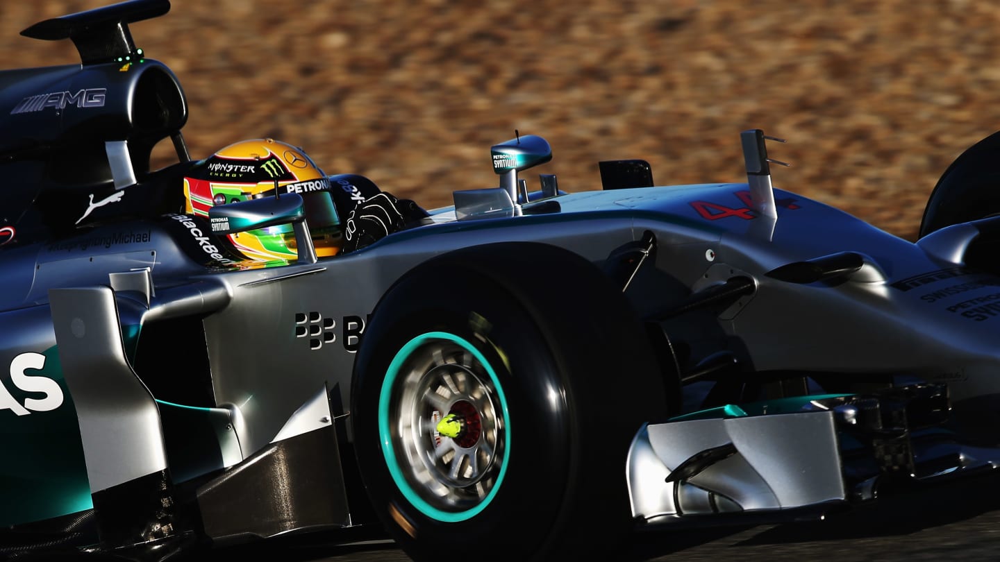 JEREZ DE LA FRONTERA, SPAIN - JANUARY 28:  Lewis Hamilton of Great Britain and Mercedes GP drives