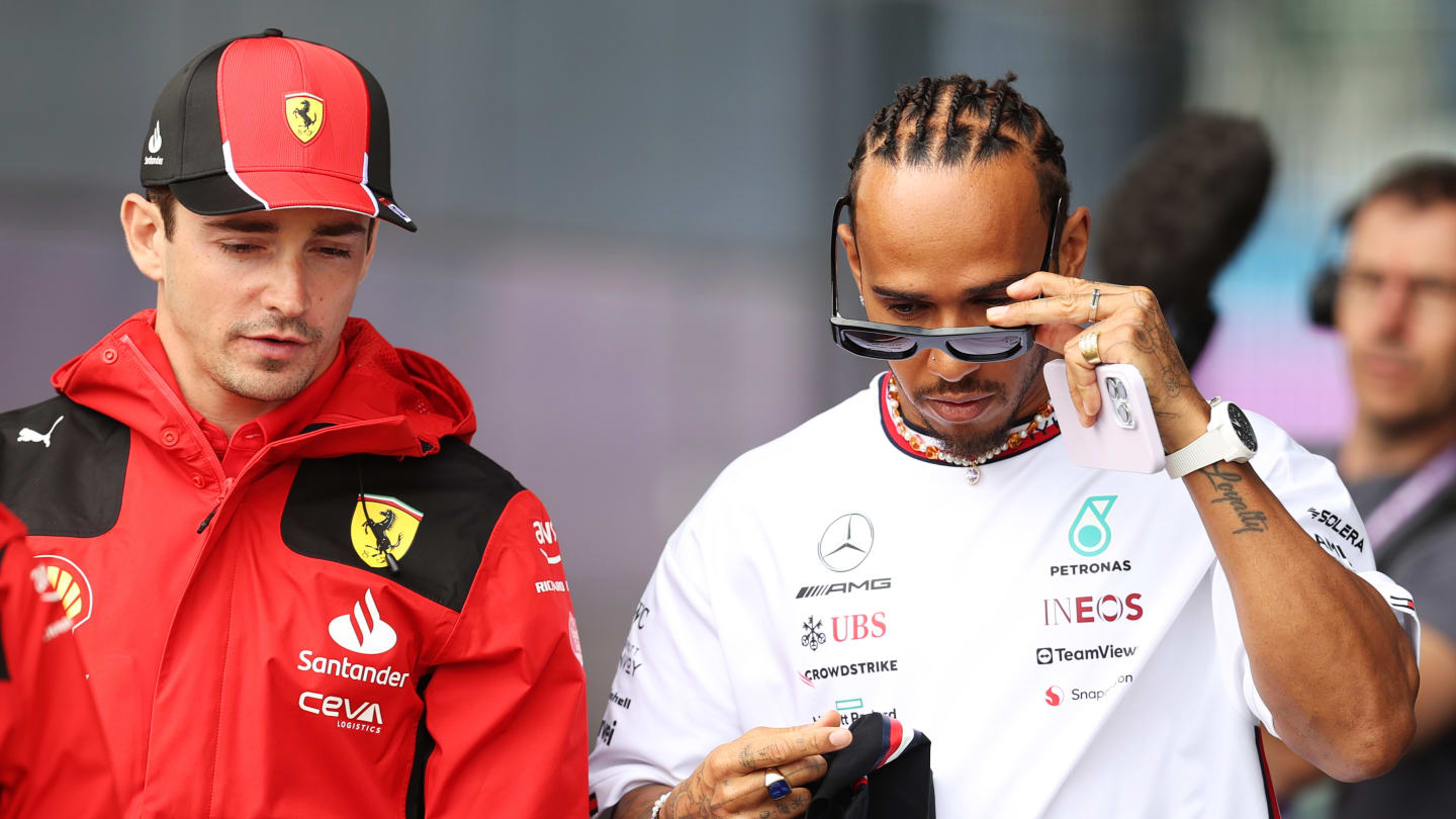 NORTHAMPTON, ENGLAND - JULY 06: Charles Leclerc of Monaco and Ferrari and Lewis Hamilton of Great