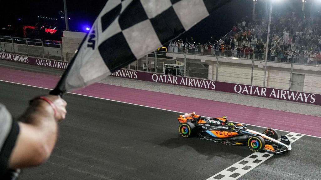 McLaren's British driver Lando Norris the finish line during sprint race ahead of the Qatari