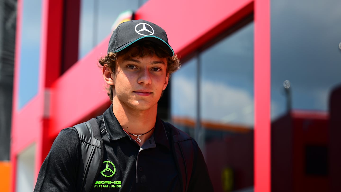 Andrea Kimi Antonelli is arriving in the paddock during media day of the Hungarian GP, the 13th