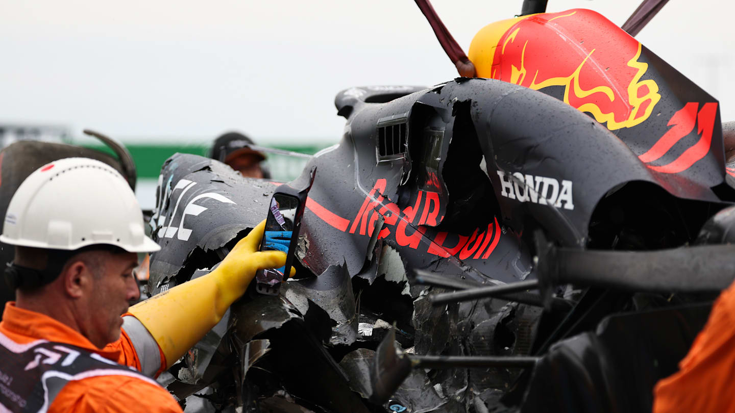 BUDAPEST, HUNGARY - JULY 20: Dertail shot of damage on the side pods of Sergio Perez's (11) Oracle