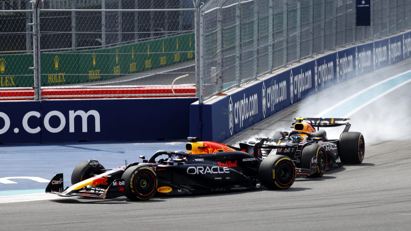 MIAMI GARDENS, FL - MAY 05: Oracle Red Bull Racing driver Sergio Perez #11 of Mexico locks his