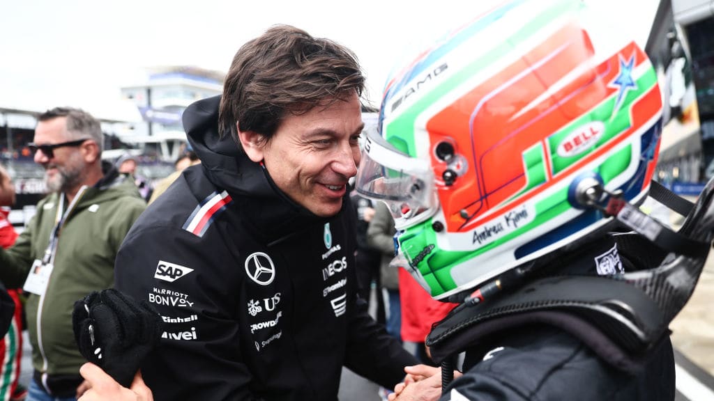 Toto Wolff and Andrea Kimi Antonelli after Formula 2 Sprint Race at Silverstone Circuit in