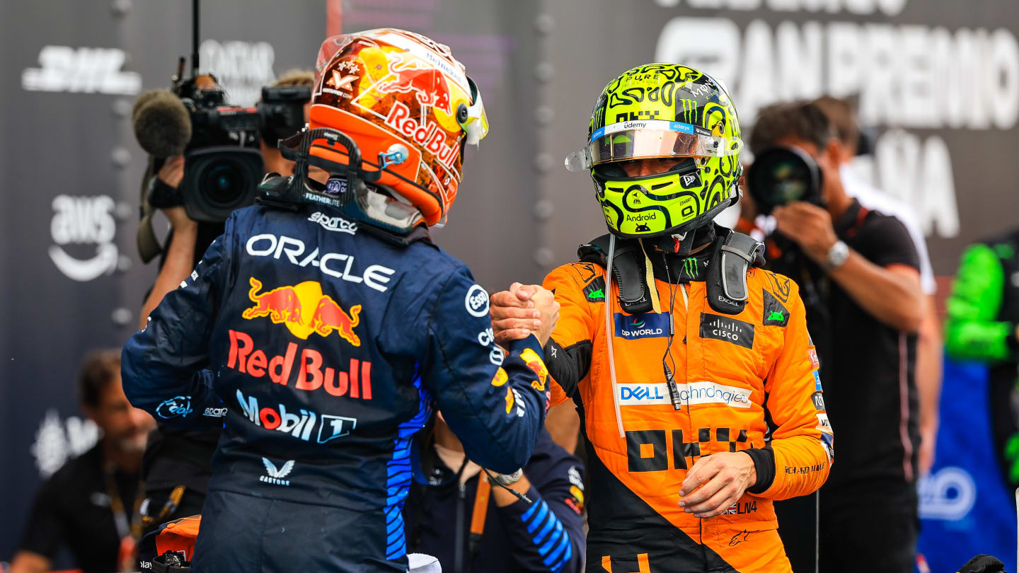 BARCELONA, SPAIN - JUNE 23: Max Verstappen of Netherlands and Oracle Red Bull Racing shakes hands