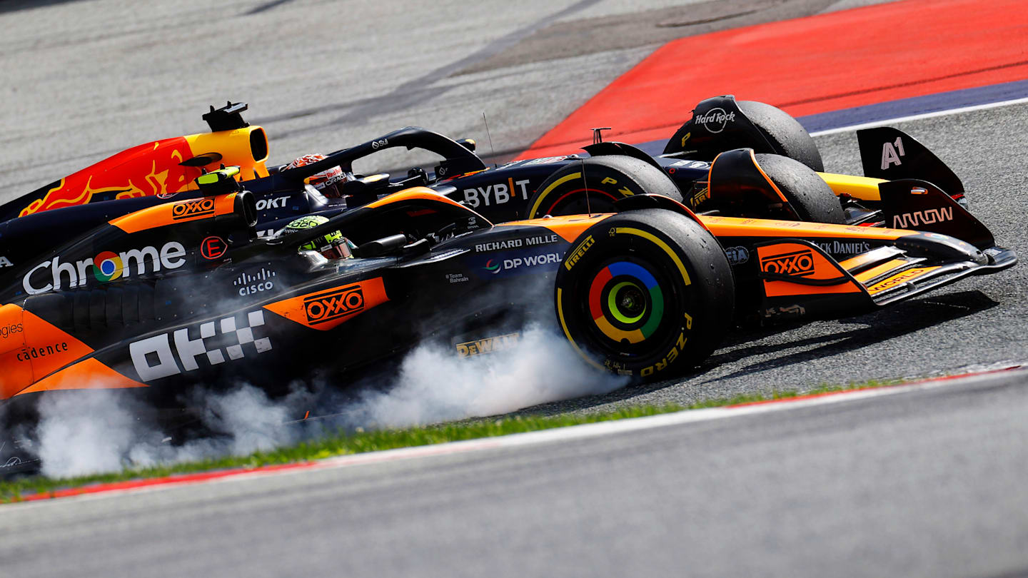 SPIELBERG, AUSTRIA - JUNE 30: Max Verstappen, Red Bull Racing RB20, and Lando Norris, McLaren